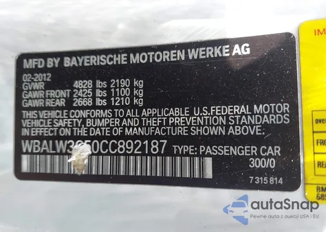 2012 BMW 640I from USA, damaged, VIN WBALW3C50CC892187